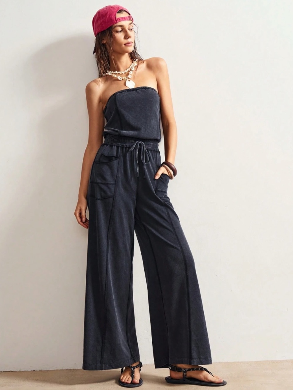 Cotton Blend Strapless Black Boho Wide Leg Jumpsuit with Pockets - Picture 3 of 9